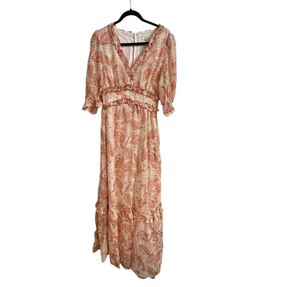 BTFL Life Womens Small Blush Floral Boho Maxi Dress Faux Wrap Tiered Lined